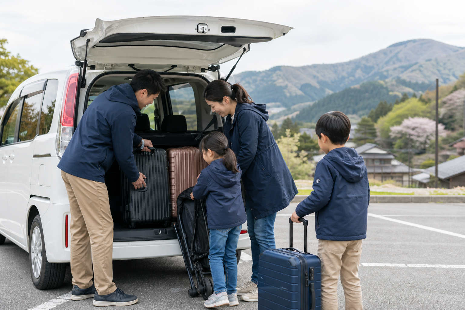 Illustrative AI-generated scene of a family loading luggage into a rental minivan in rural Japan