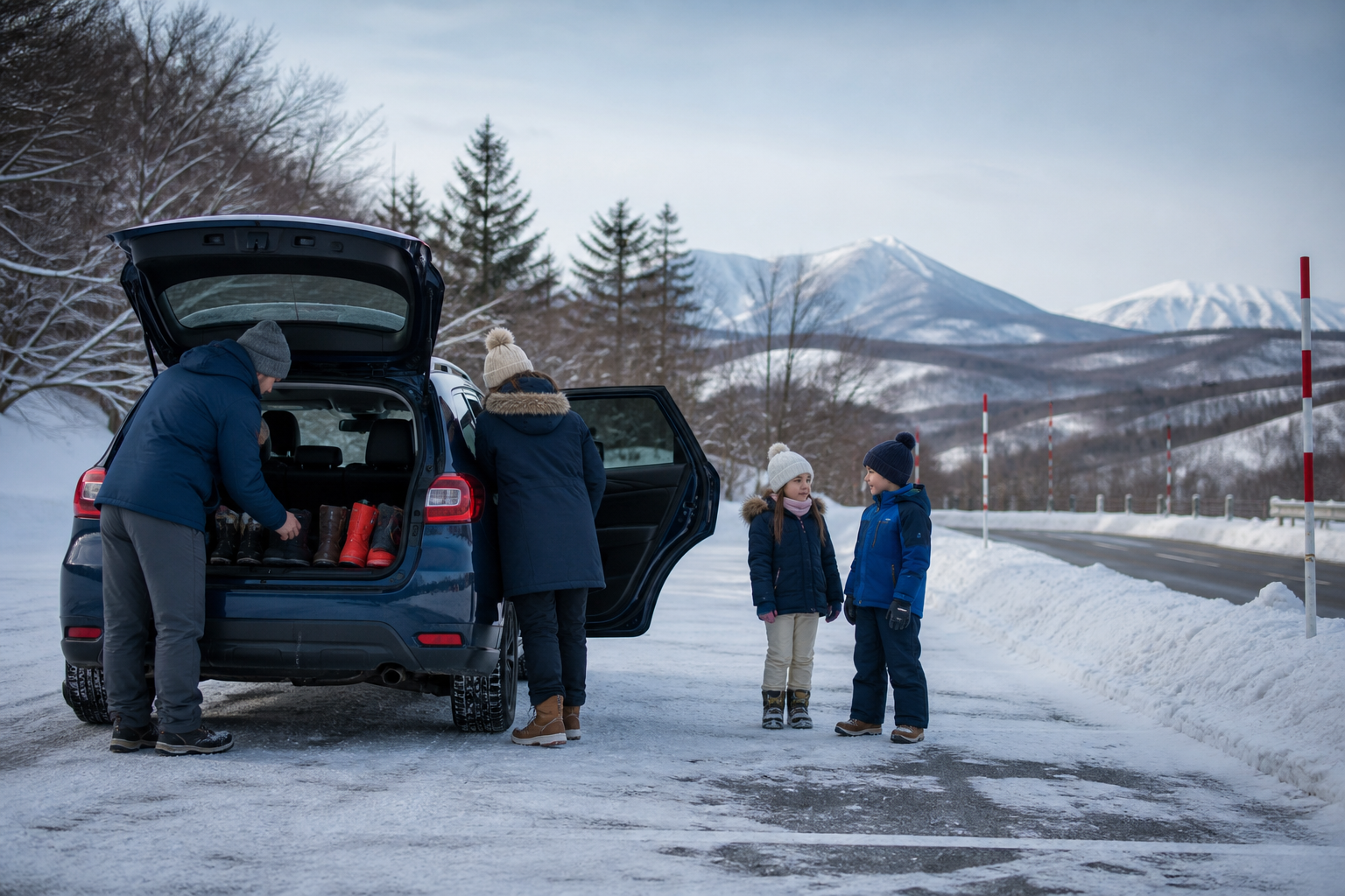 Illustrative AI-generated winter scene of a family checking gear beside a parked car in Hokkaido