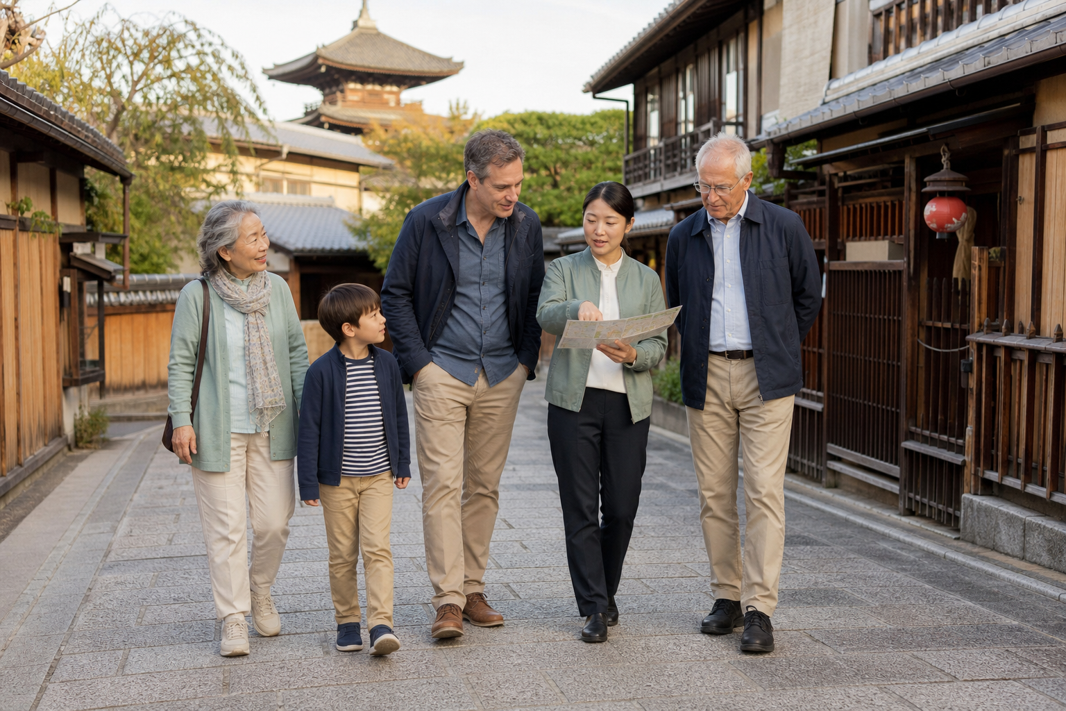 Illustrative AI-generated scene of a multigenerational family walking with a guide in Kyoto