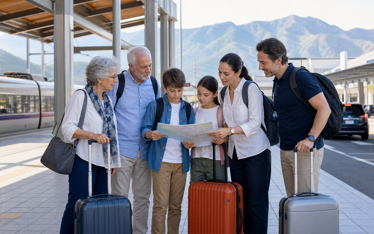 Illustrative AI-generated scene of a multigenerational family planning transport at a Japanese travel hub